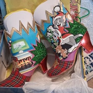 New Christmas Tom & Jerry Cartoon Plaid Heeled Boots, Size 10 (41)